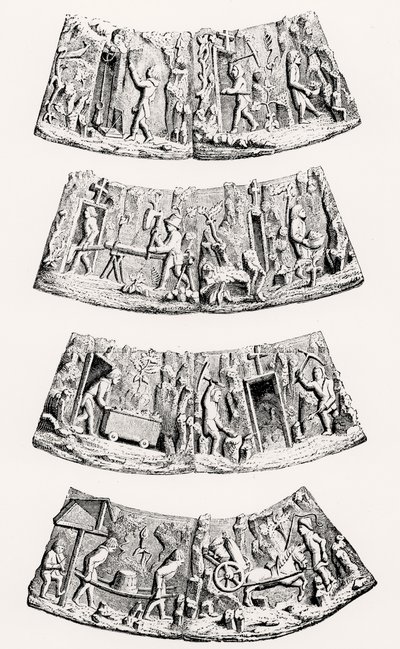La extracción de metales preciosos, piezas en el collar ceremonial del Miembro Senior de los Orfebres en Gante, ilustración de Ciencia y Literatura en la Edad Media y el Renacimiento, escrita y grabada por Paul Lacroix de English School